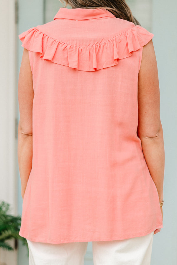 Chic Soul plus size clothing, coral pink tanks top with collar, buttons down the front, and ruffle detailing around the collar and shoulders