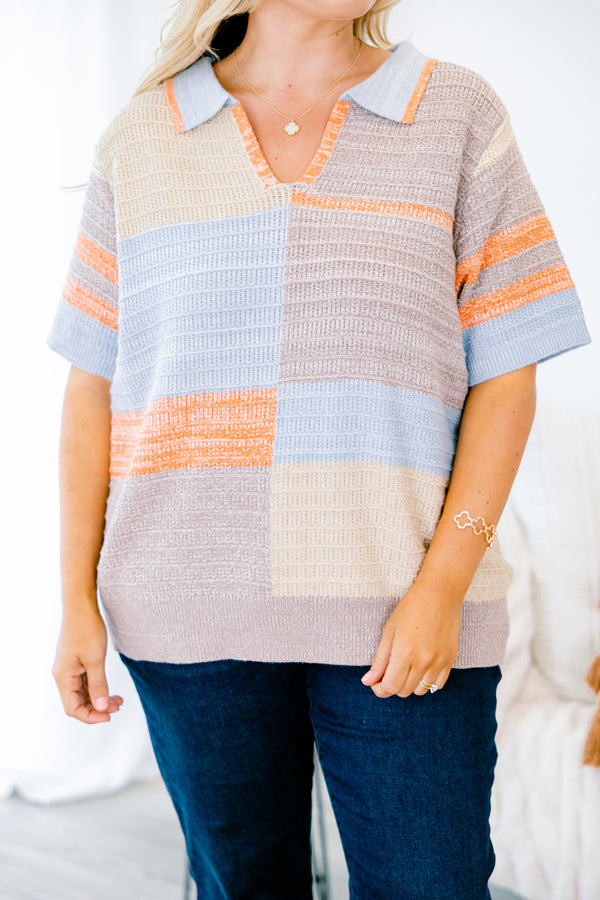 Chic Soul plus size clothing, blue multi-color short sleeve sweater with a color block pattern