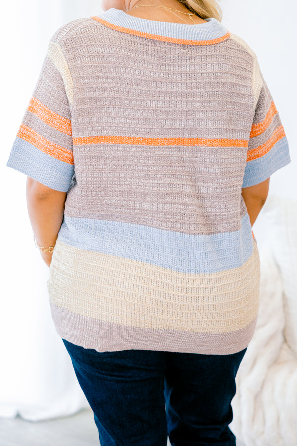 Chic Soul plus size clothing, blue multi-color short sleeve sweater with a color block pattern