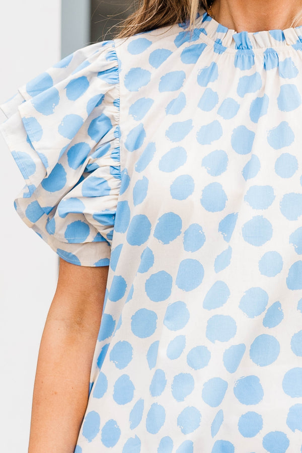 Chic Soul plus size clothing, white top with blue polka dots and flutter sleeves