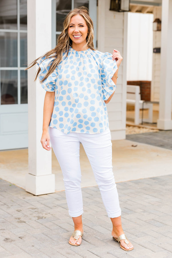 Chic Soul plus size clothing, white top with blue polka dots and flutter sleeves