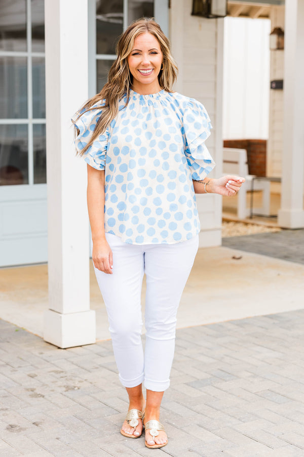 Chic Soul plus size clothing, white top with blue polka dots and flutter sleeves