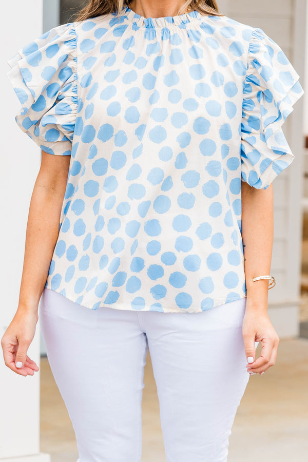 Chic Soul plus size clothing, white top with blue polka dots and flutter sleeves