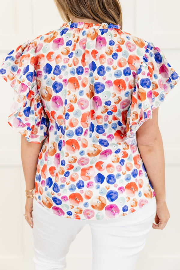 Chic Soul plus size clothing, white short sleeve top with multi dot design with flare ruffle sleeves with ruffle detail along neckline