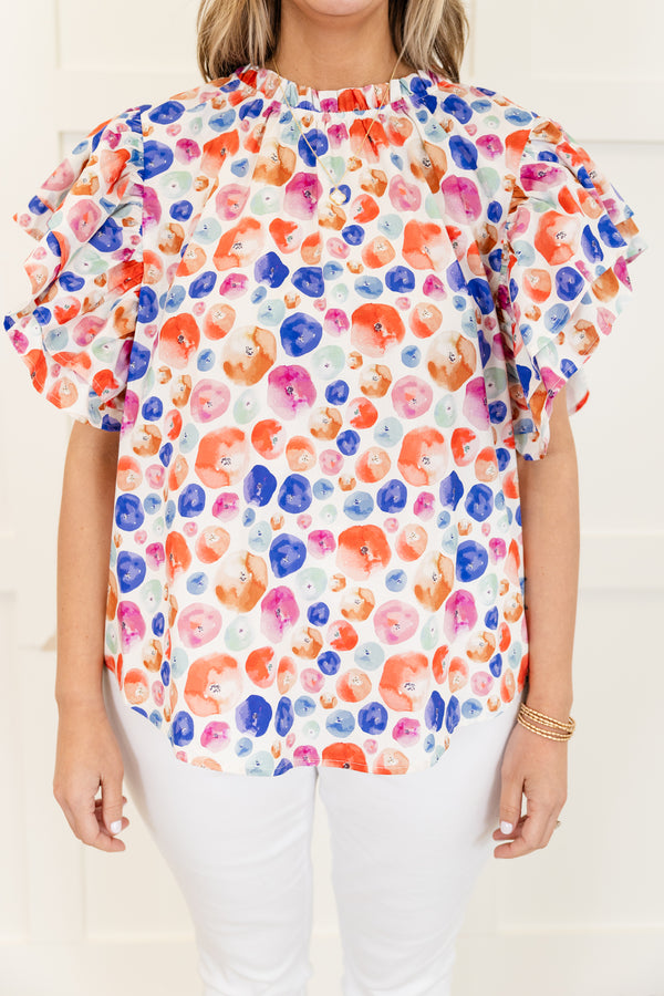 Chic Soul plus size clothing, white short sleeve top with multi dot design with flare ruffle sleeves with ruffle detail along neckline