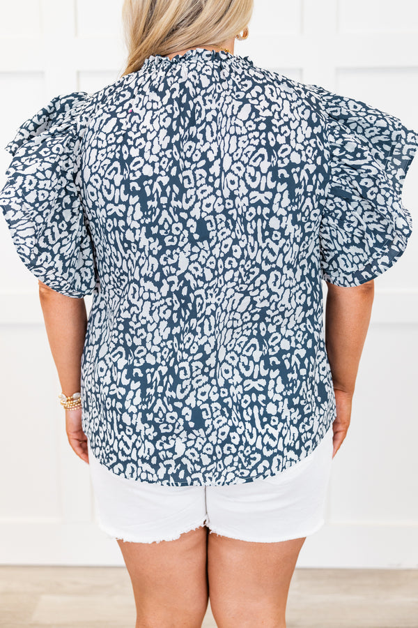 Chic Soul plus size clothing, navy leopard short sleeve top with round neckline with large ruffle flare sleeves