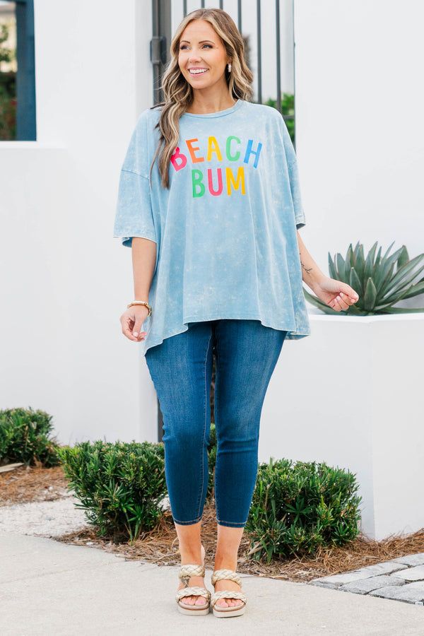 Chic Soul plus size clothing, ice blue acid wash boyfriend tee with 