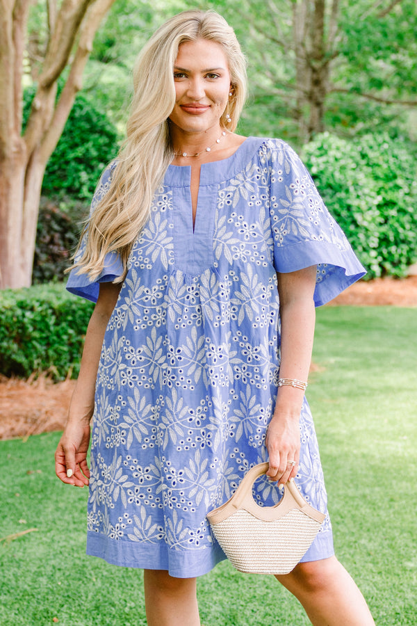 Chic Soul plus size clothing, peri blue slit neckline short sleeve casual dress with white embroidery and eyelet pattern