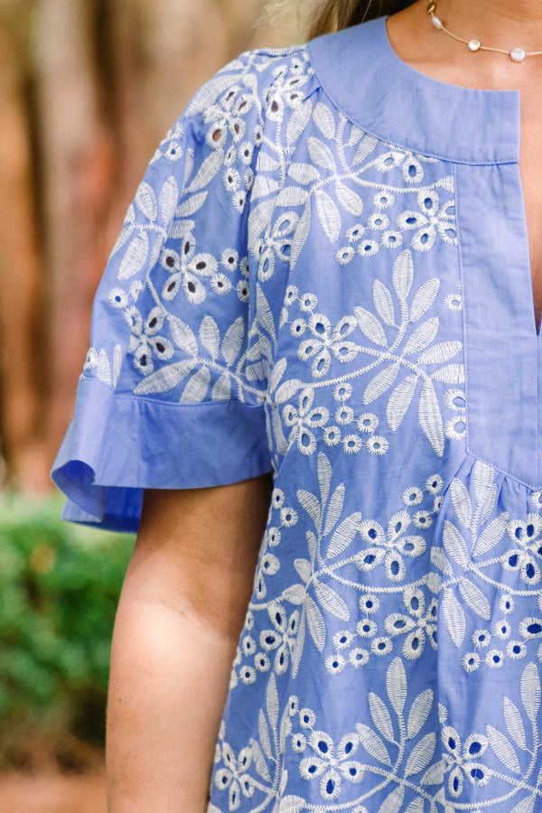 Chic Soul plus size clothing, peri blue slit neckline short sleeve casual dress with white embroidery and eyelet pattern