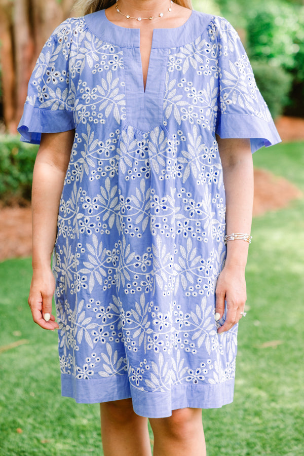 Chic Soul plus size clothing, peri blue slit neckline short sleeve casual dress with white embroidery and eyelet pattern
