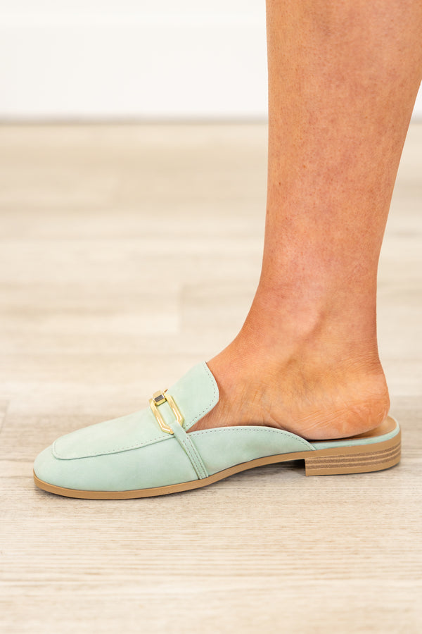 Chic Soul plus size clothing, mint mule flats with round toe and gold hardware on the front