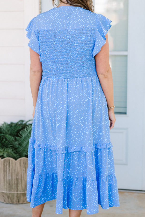 Chic Soul plus size clothing, short-flutter-sleeve blue midi dress with ruffle detailing and a smocked bodice with a v-neckline and a white subtle spotted pattern 