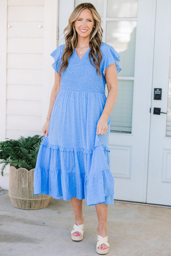 Chic Soul plus size clothing, short-flutter-sleeve blue midi dress with ruffle detailing and a smocked bodice with a v-neckline and a white subtle spotted pattern 