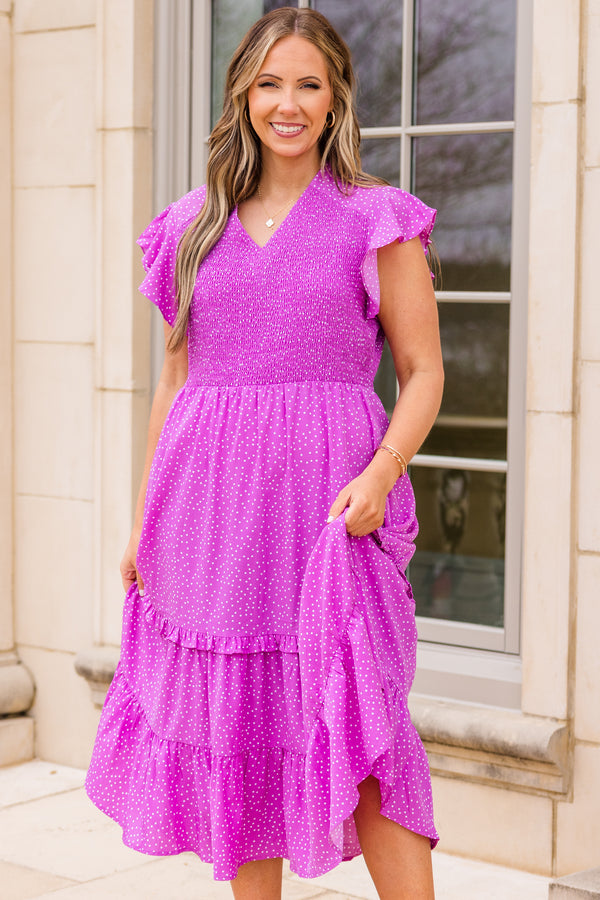 Chic Soul plus size clothing, purple midi dress with short ruffle sleeves with smocked top and v neckline with white dotted print
