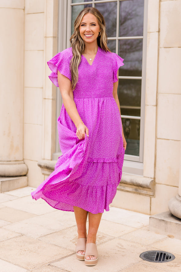 Chic Soul plus size clothing, purple midi dress with short ruffle sleeves with smocked top and v neckline with white dotted print