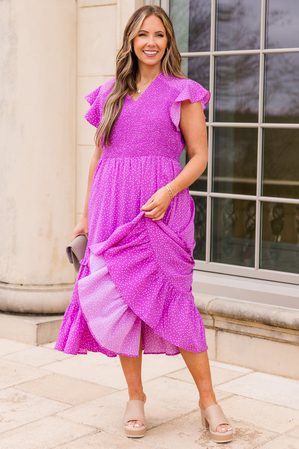 Chic Soul plus size clothing, purple midi dress with short ruffle sleeves with smocked top and v neckline with white dotted print