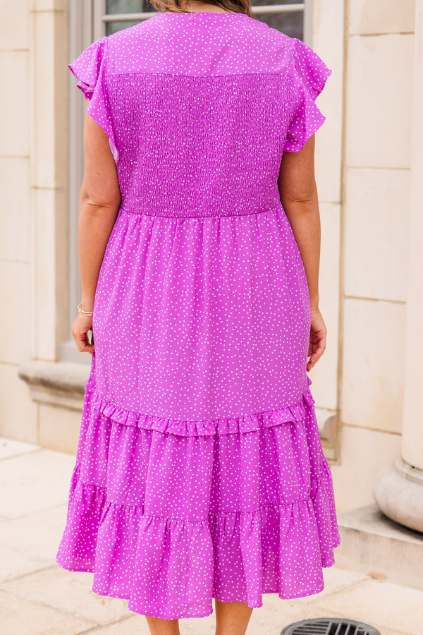 Chic Soul plus size clothing, purple midi dress with short ruffle sleeves with smocked top and v neckline with white dotted print