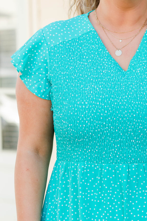 Chic Soul plus size clothing, seafoam polka dot maxi dress with flutter sleeves and smocked top