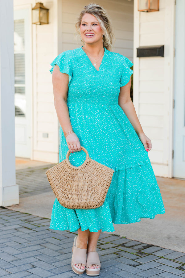 Chic Soul plus size clothing, seafoam polka dot maxi dress with flutter sleeves and smocked top