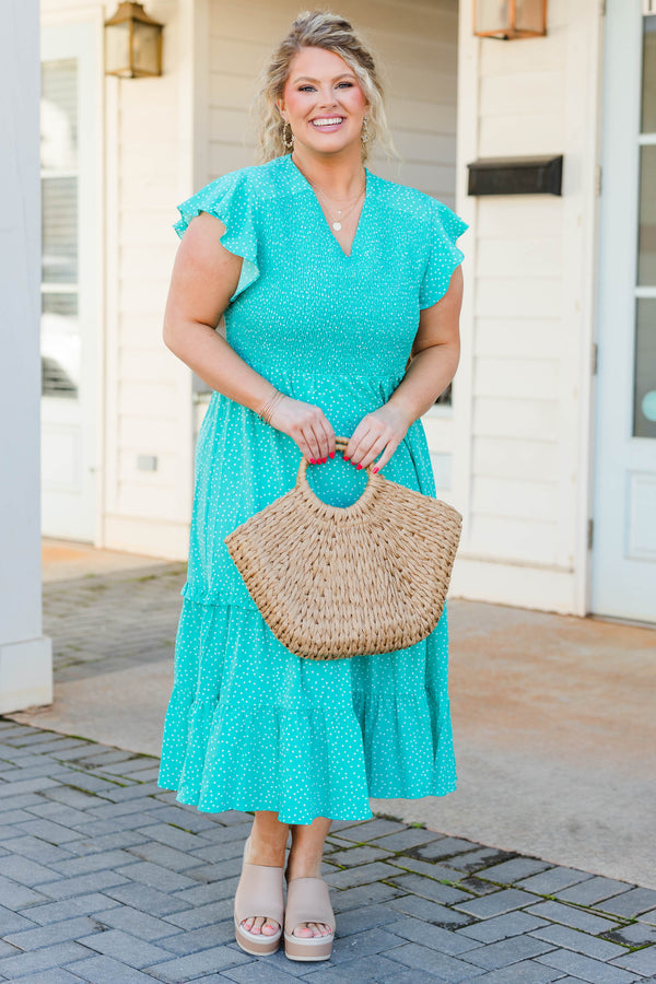 Chic Soul plus size clothing, seafoam polka dot maxi dress with flutter sleeves and smocked top
