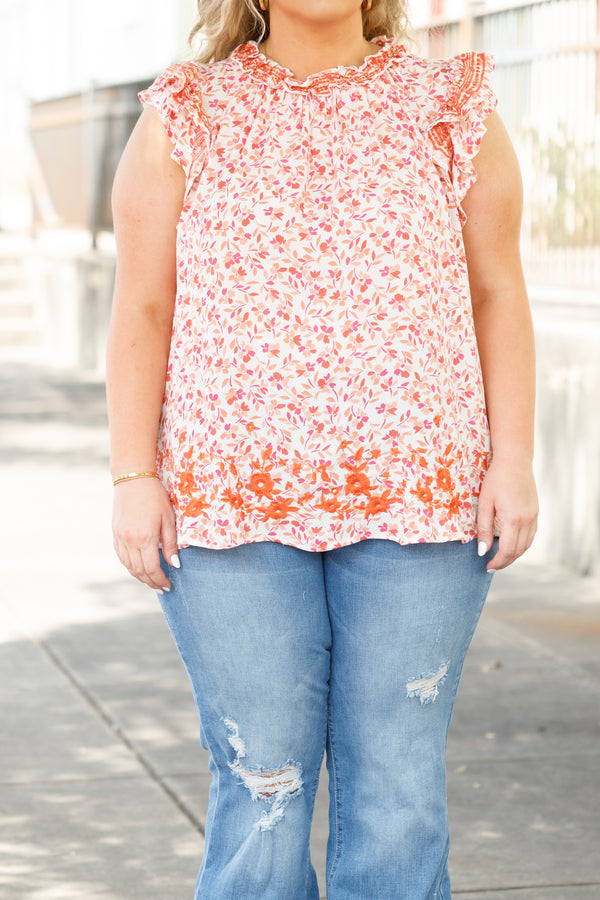 Chic Soul plus size clothing, ivory flowy high neck top with multicolor floral pattern and ruffle sleeves