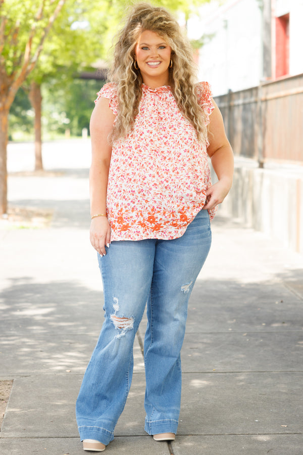 Chic Soul plus size clothing, ivory flowy high neck top with multicolor floral pattern and ruffle sleeves