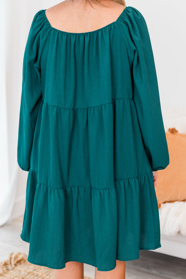 Chic Soul plus size clothing, long-sleeve flowy teal green ruffled baby doll dress with square-neckline and balloon sleeve detailing 