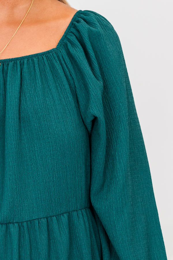 Chic Soul plus size clothing, long-sleeve flowy teal green ruffled baby doll dress with square-neckline and balloon sleeve detailing 