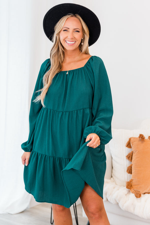 Chic Soul plus size clothing, long-sleeve flowy teal green ruffled baby doll dress with square-neckline and balloon sleeve detailing 