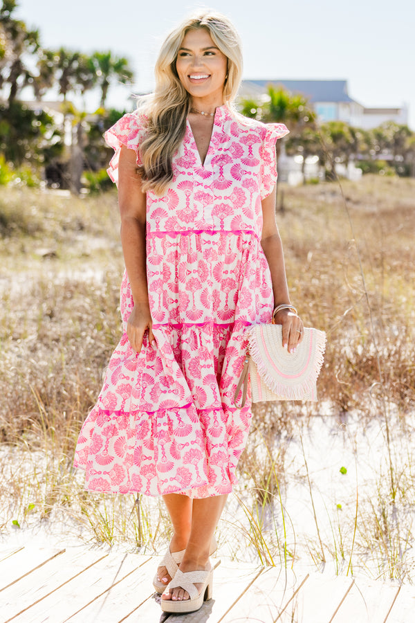 Chic Soul plus size clothing, short-flutter-sleeve pink and white ruffled baby doll midi dress with a split-v-neckline with an abstract pattern