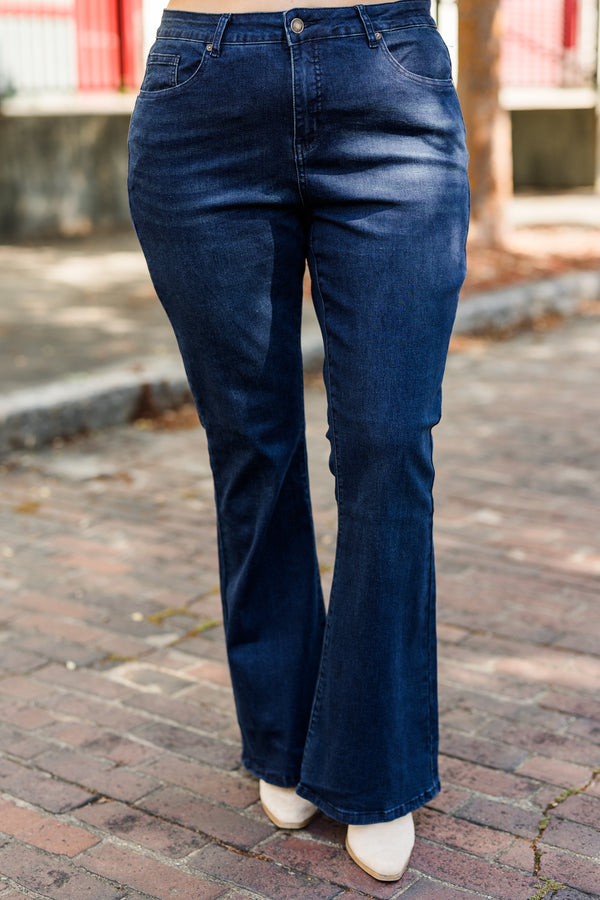 Chic Soul plus size clothing, dark wash denim jeans with flare bottom detail with stitched hem and no distressing 