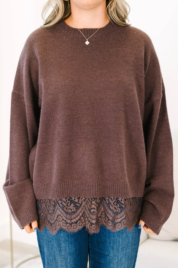 Plus Size brown crewneck sweater with long sleeves and a delicate lace trim at the hem.