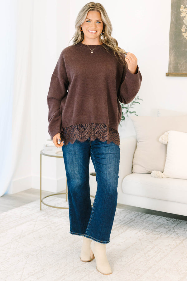 Plus Size brown crewneck sweater with long sleeves and a delicate lace trim at the hem.