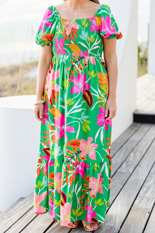 Chic Soul plus size clothing,  short-puffed-sleeve green maxi dress with ruffled detailing and a smocked bodice with a green and pink floral pattern