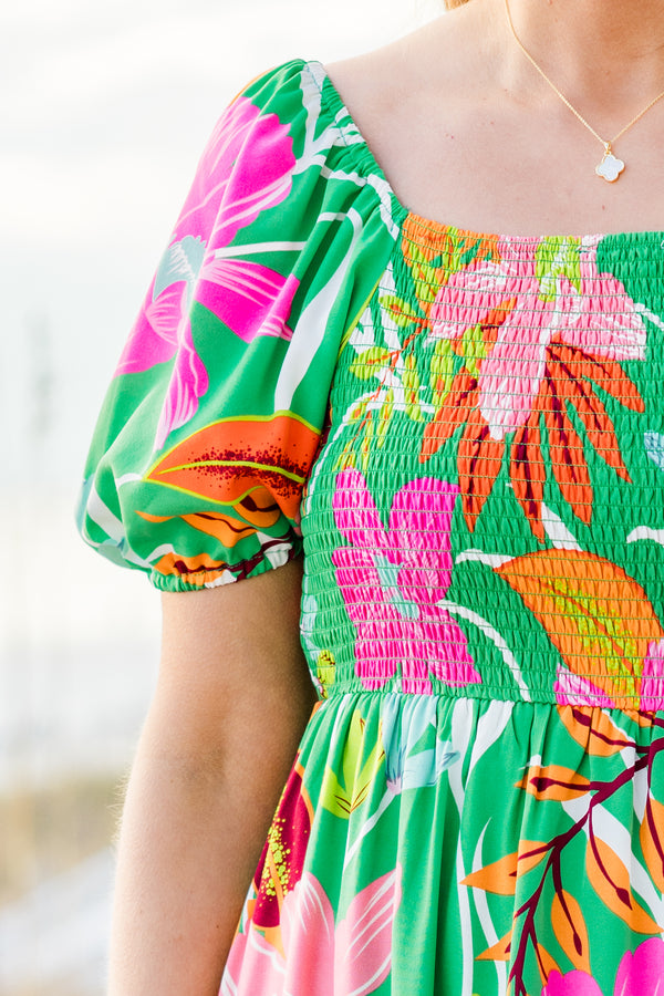 Chic Soul plus size clothing,  short-puffed-sleeve green maxi dress with ruffled detailing and a smocked bodice with a green and pink floral pattern