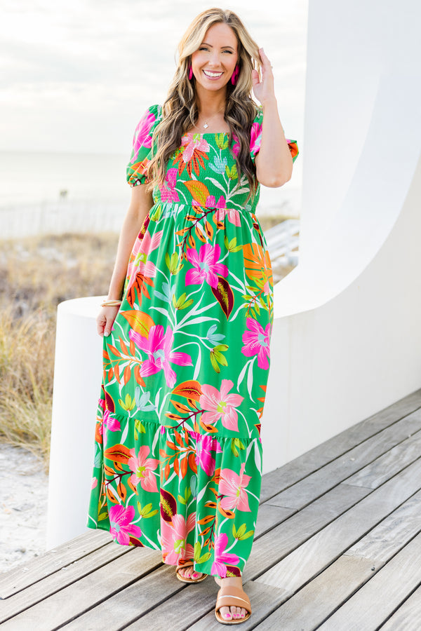 Chic Soul plus size clothing,  short-puffed-sleeve green maxi dress with ruffled detailing and a smocked bodice with a green and pink floral pattern