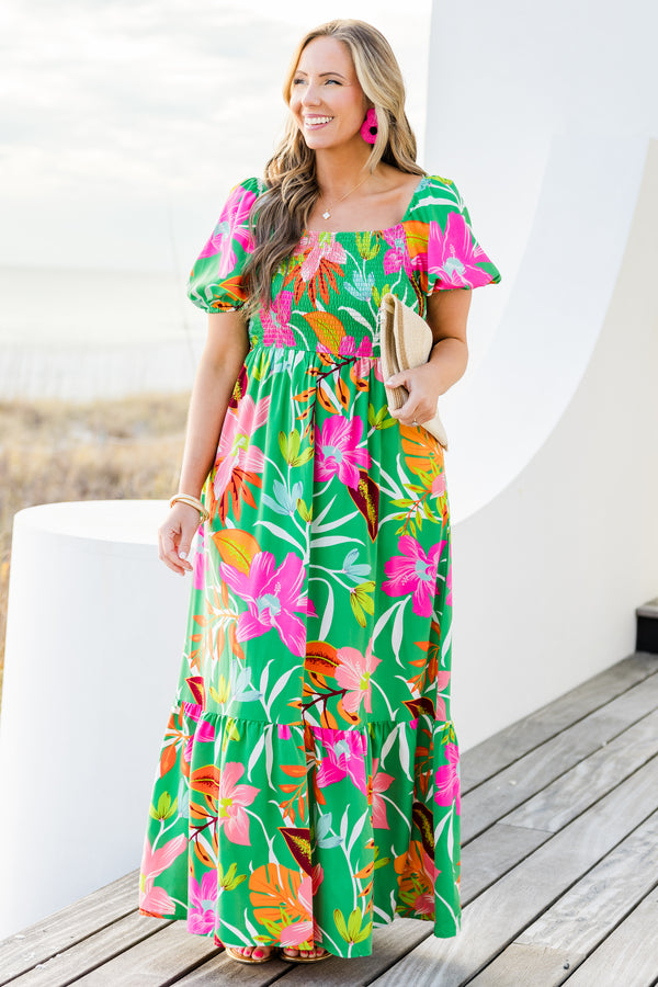 Chic Soul plus size clothing,  short-puffed-sleeve green maxi dress with ruffled detailing and a smocked bodice with a green and pink floral pattern