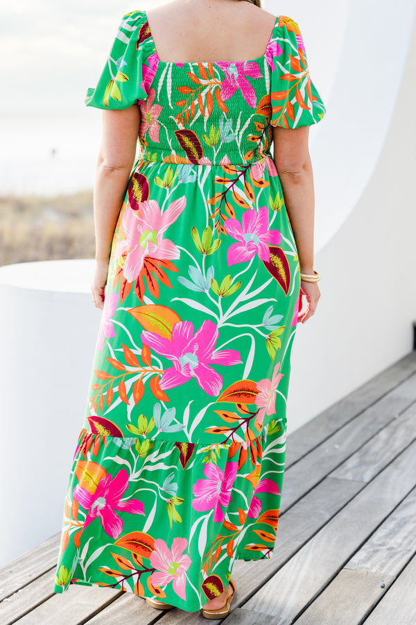 Chic Soul plus size clothing,  short-puffed-sleeve green maxi dress with ruffled detailing and a smocked bodice with a green and pink floral pattern