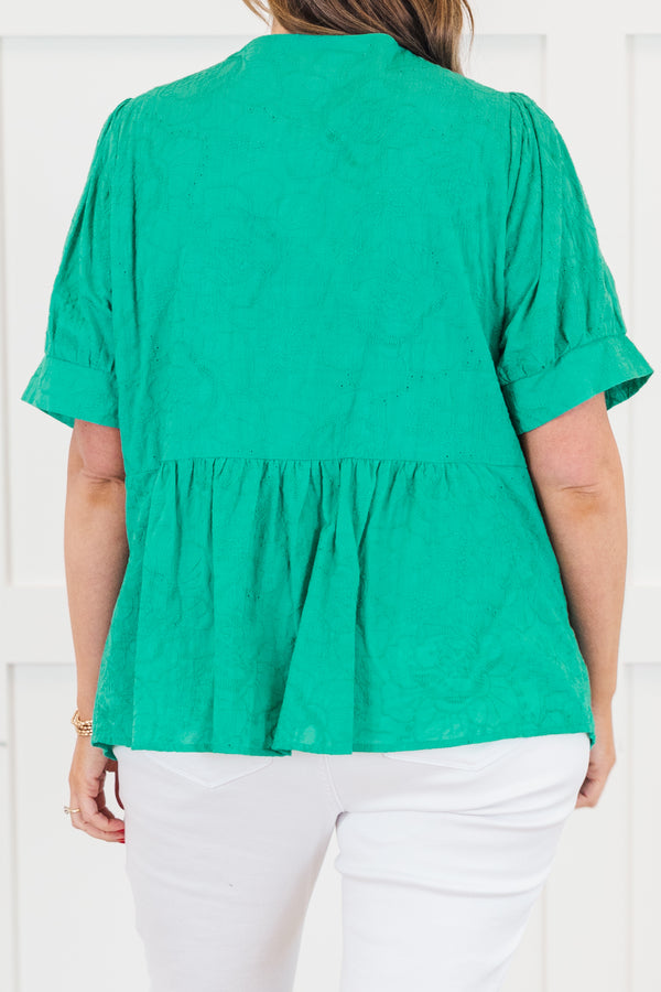 Chic Soul plus size clothing, emerald green short sleeve baby doll op with deep v neckline with puff cuff sleeves with textured design