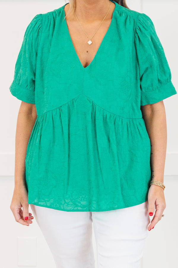 Chic Soul plus size clothing, emerald green short sleeve baby doll op with deep v neckline with puff cuff sleeves with textured design