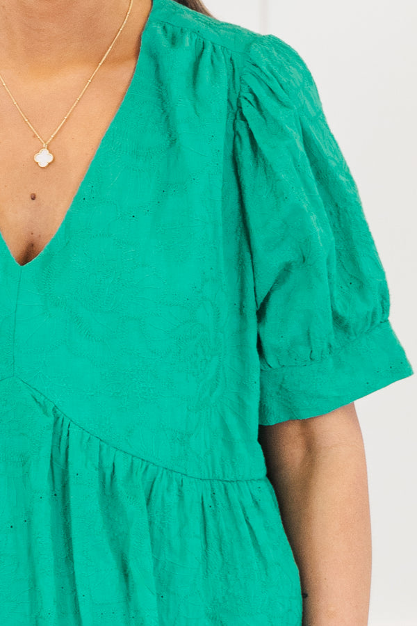 Chic Soul plus size clothing, emerald green short sleeve baby doll op with deep v neckline with puff cuff sleeves with textured design