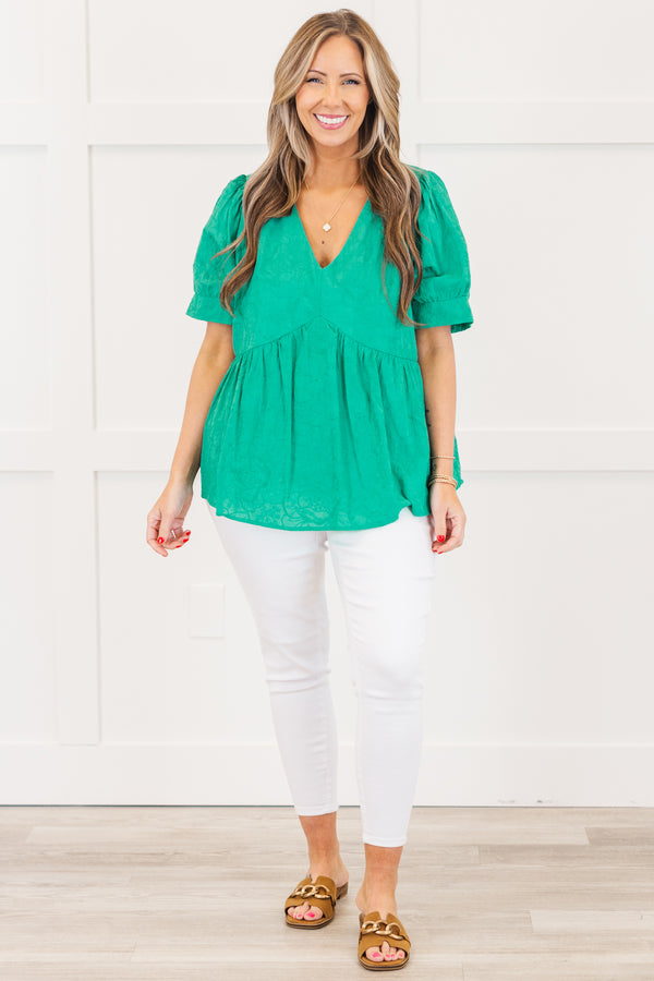 Chic Soul plus size clothing, emerald green short sleeve baby doll op with deep v neckline with puff cuff sleeves with textured design
