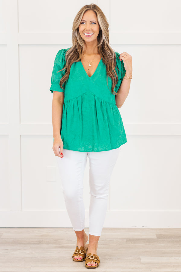 Chic Soul plus size clothing, emerald green short sleeve baby doll op with deep v neckline with puff cuff sleeves with textured design