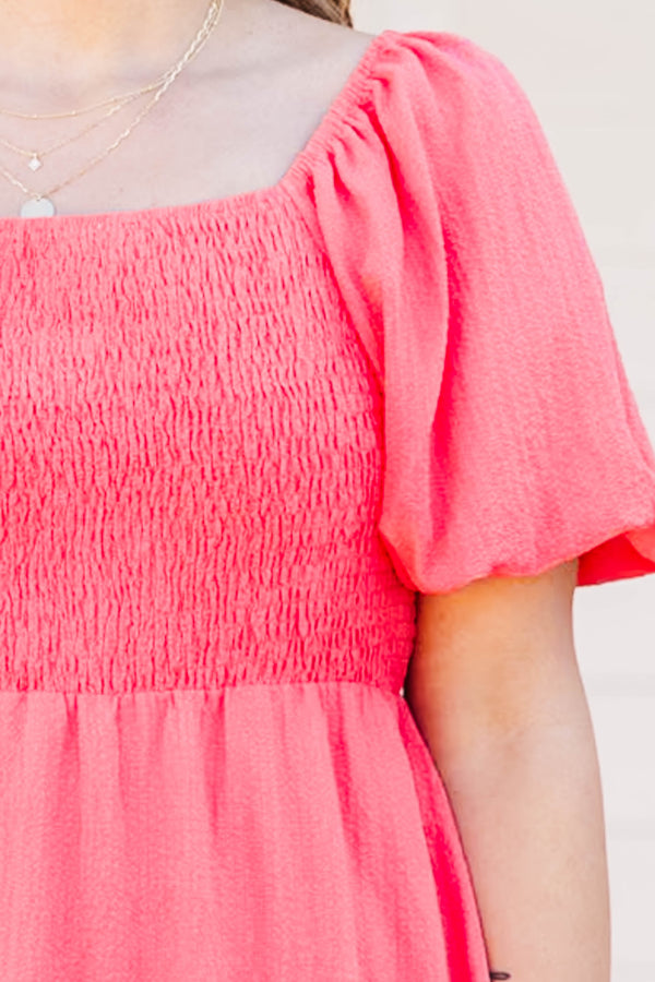Chic Soul plus size clothing, hot coral babydoll mini dress with smocked chest and puff short sleeves