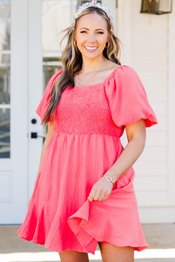 Chic Soul plus size clothing, hot coral babydoll mini dress with smocked chest and puff short sleeves 