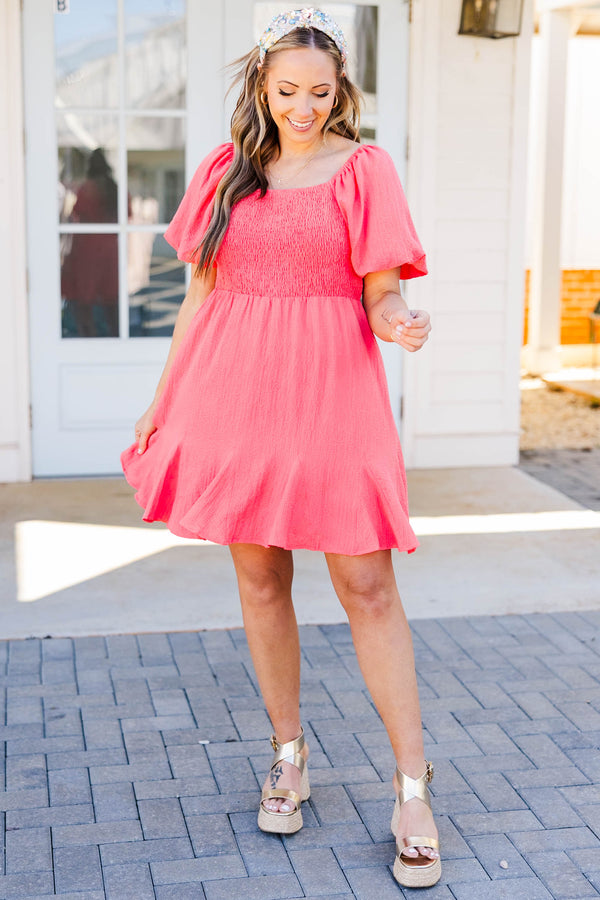 Chic Soul plus size clothing, hot coral babydoll mini dress with smocked chest and puff short sleeves