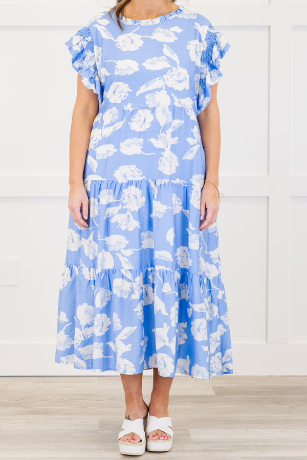 Chic Soul plus size clothing, blue and white floral pattern flutter sleeve dress