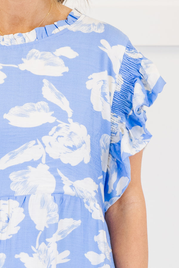 Chic Soul plus size clothing, blue and white floral pattern flutter sleeve dress
