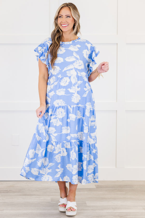 Chic Soul plus size clothing, blue and white floral pattern flutter sleeve dress