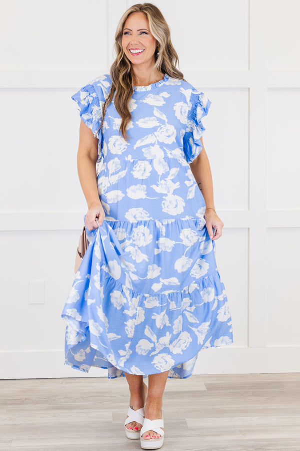 Chic Soul plus size clothing, blue and white floral pattern flutter sleeve dress